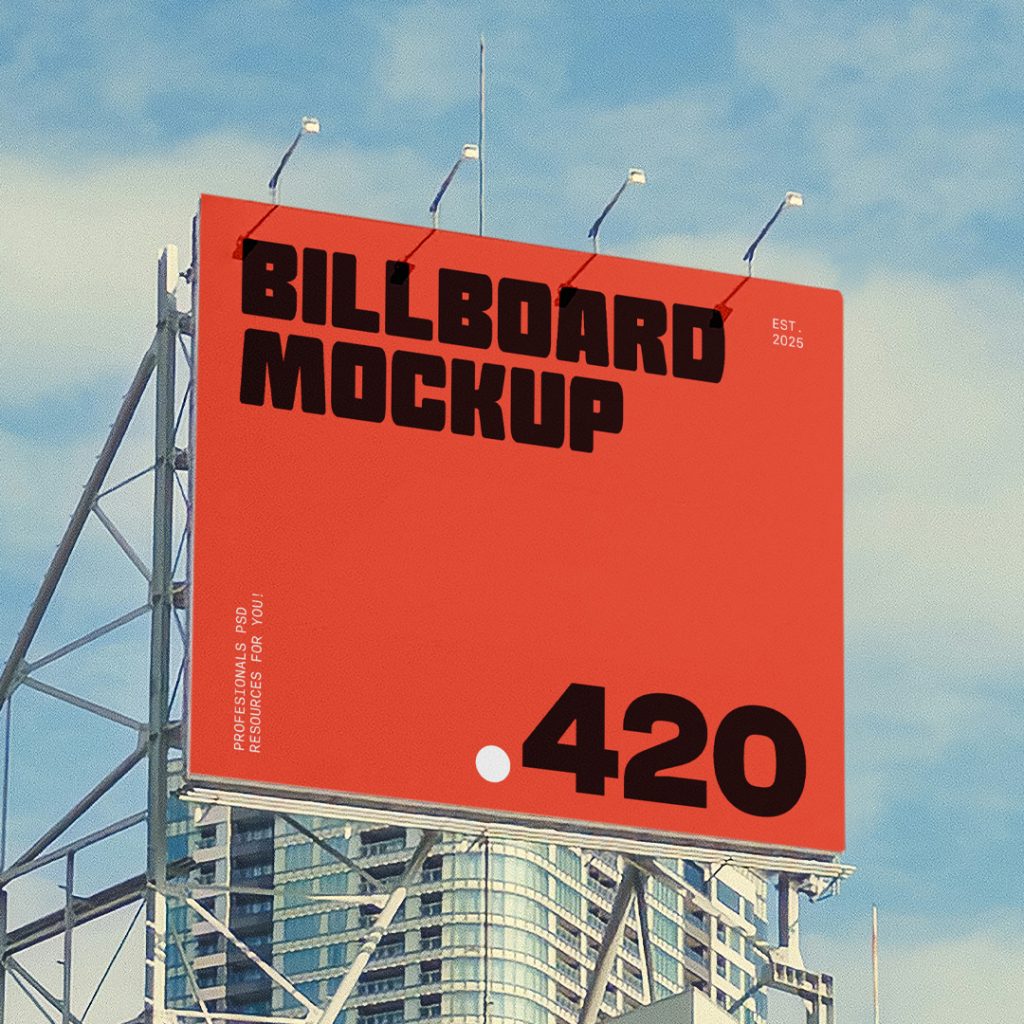 Front view, square city billboard mockups attached to the top of the building elevation, with the clean blue sky in the background.