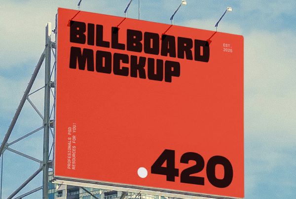 Front view, square city billboard mockups attached to the top of the building elevation, with the clean blue sky in the background.