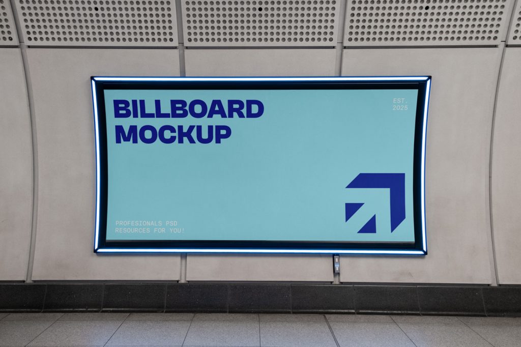 Front view, a blue horizontal billboard with a lighting frame and strong typography design in white and navy colors attached to the white wall.