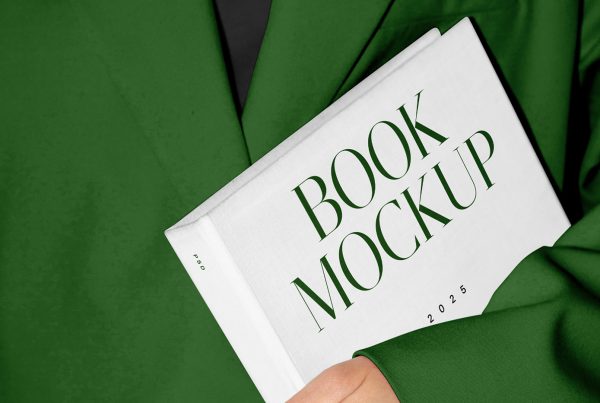 Front view, woman holding white book mockup with delicate serif typography, design in green and black colors, and in the background you can see her green wardrobe.