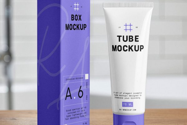 In the front view, a vertical Box Mockup and a Cosmetic Tube Mockup with delicate cosmetic designs in purple, white, and black colors stand next to each other in the background you can see a brightly lit bathroom.