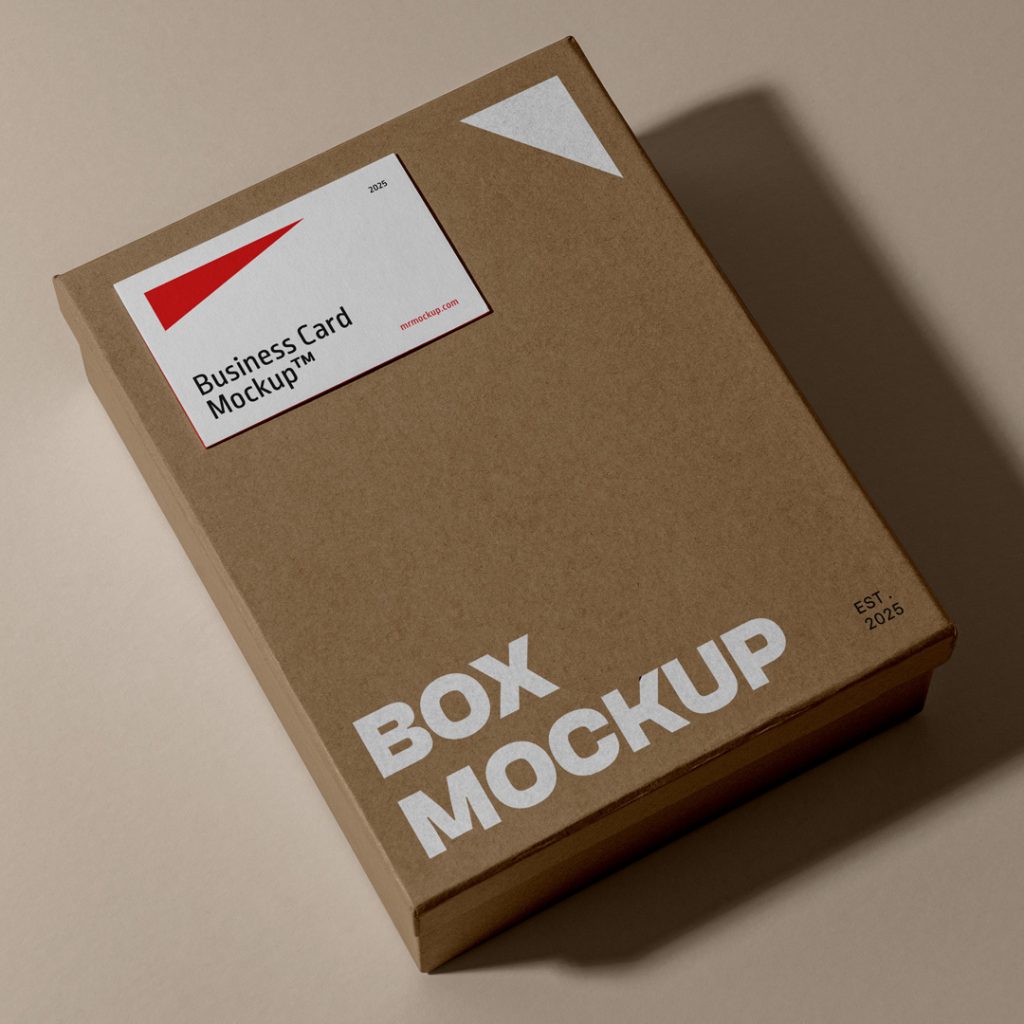 View from above of a craft box mockup with a strong white and black typography design lying on the pastel brown background.