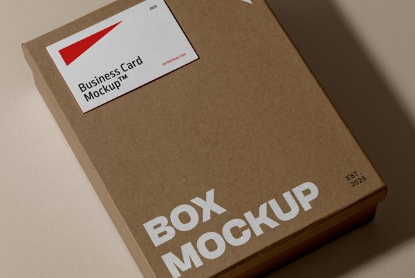 View from above of a craft box mockup with a strong white and black typography design lying on the pastel brown background.