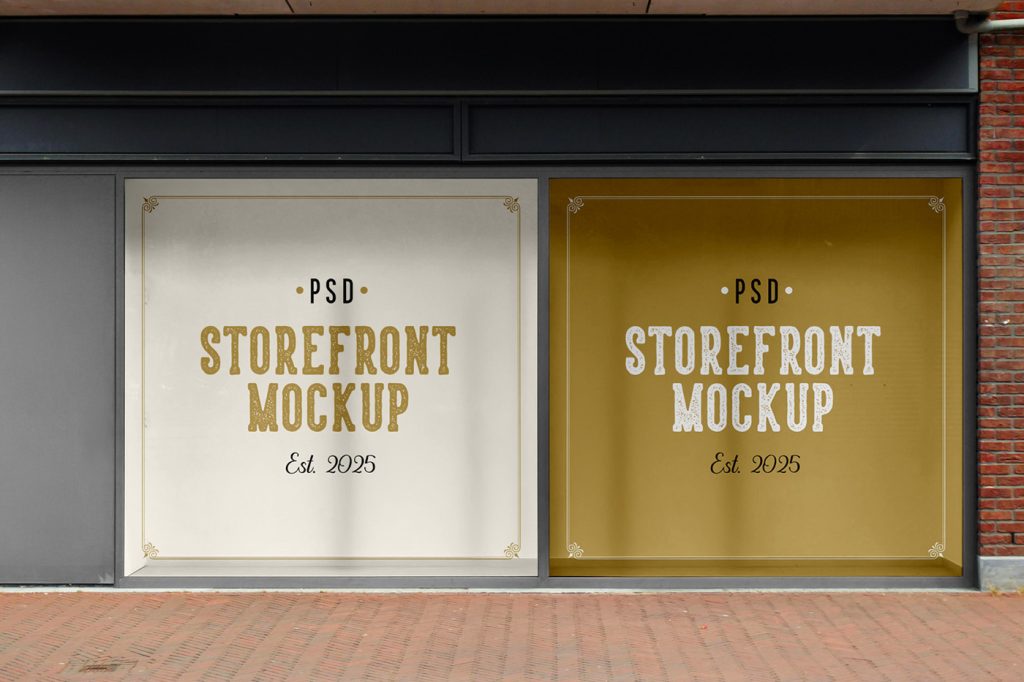 Front view, two square Storefront Mockups with vintage typography design.