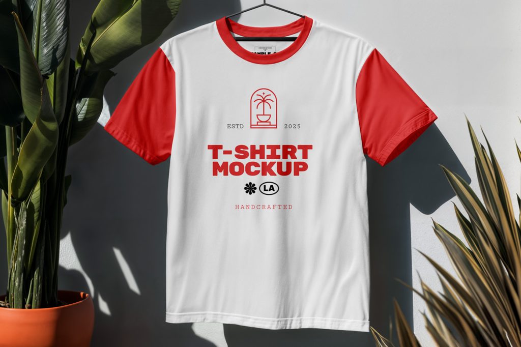 A white hanging T-Shirt Mockup with a black and red typography design in front of the white wall.