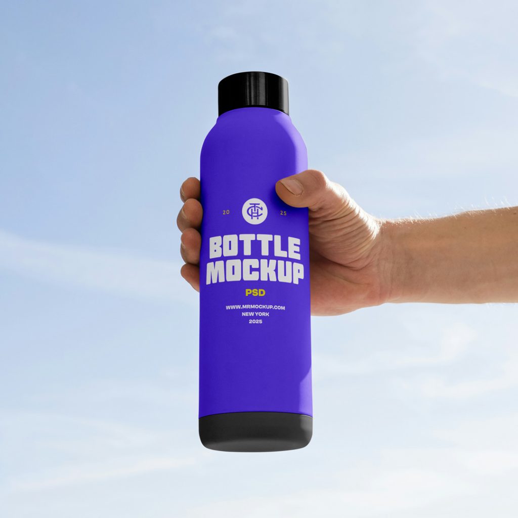 Men holding a purple bottle mockup with strong white typography design in hand in front of the blue sky.