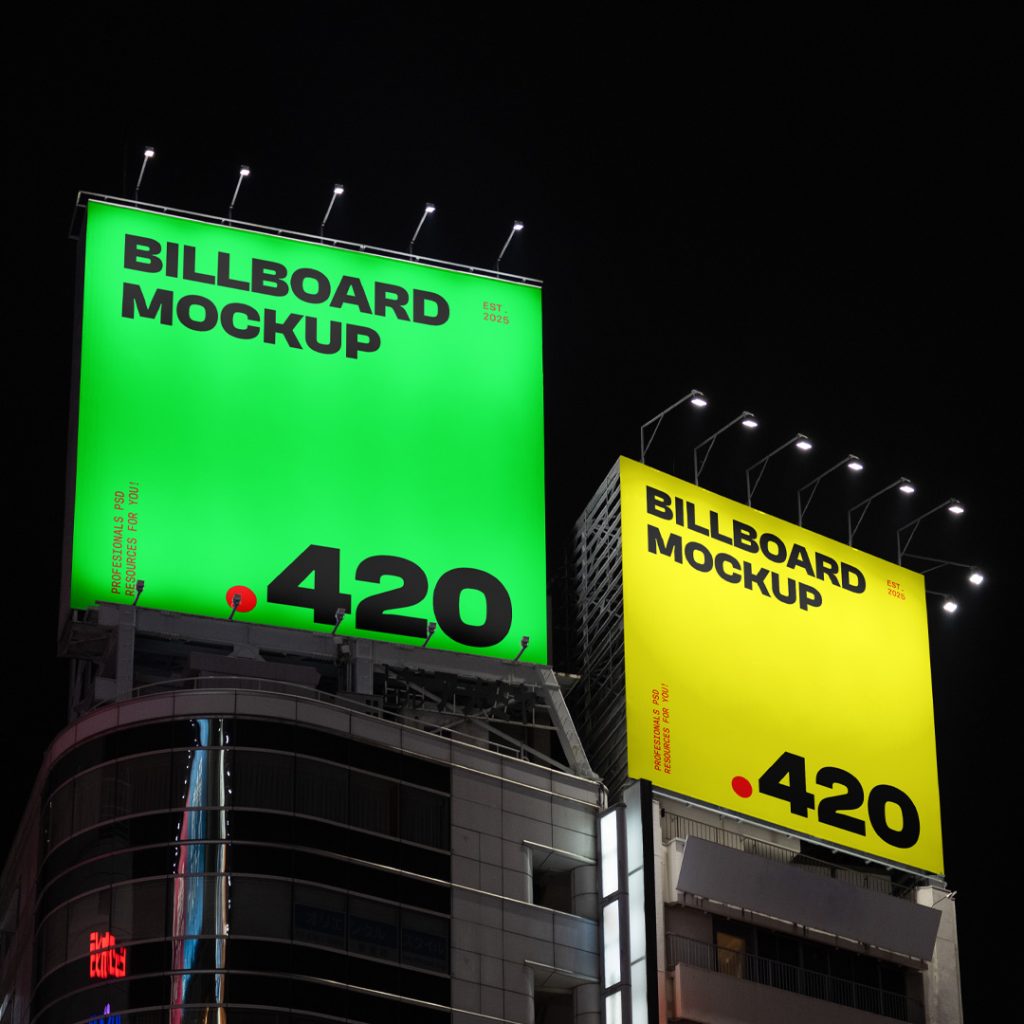 Front view, two square city billboard mockups in neon green and neon yellow color attached to the top of the building elevation, with the clean night sky in the background.