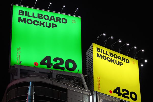 Front view, two square city billboard mockups in neon green and neon yellow color attached to the top of the building elevation, with the clean night sky in the background.