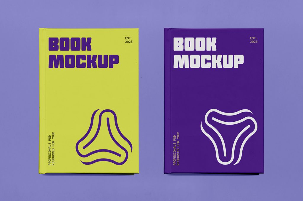 View from above, two hardcover book mockups in yellow and purple colors lying near each other on the purple background.