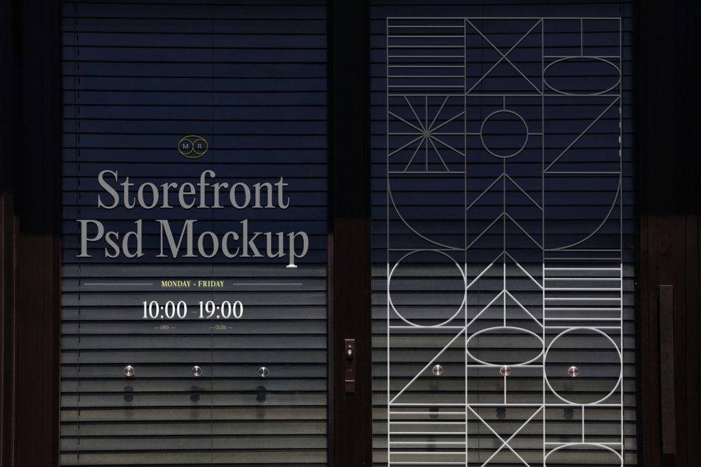 The door in the front view has two window mockups with blinds and delicate typography design and a white pattern.