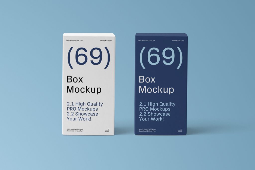 In the front view, two vertical box mockups with delicate cosmetic designs in black, navy, and white colors stand next to each other on the blue background.