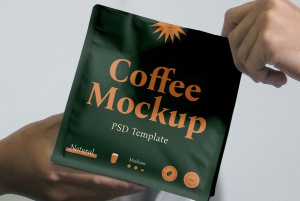In the front view, a green plastic coffee bag mockup with strong typography design is held by two persons in the kitchen background.