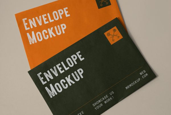 View from above, two envelope mockups in green and orange colors and vintage typography design lying on the beige background.