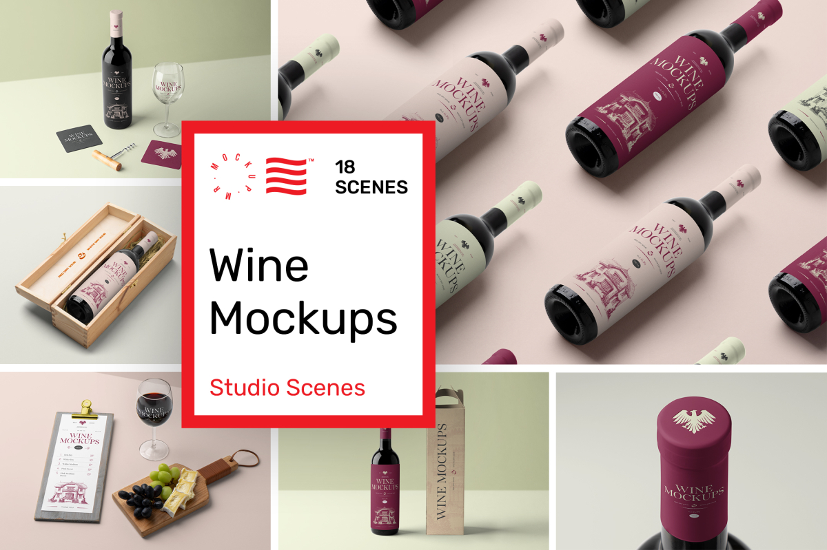 Product cover image from Studio Wine Mockups showing six scenes from the product.