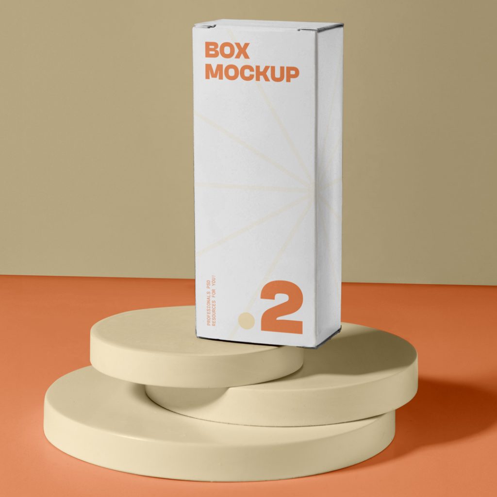 In the front view, a single white vertical box mockup with strong cosmetic design in cream and orange colors stands on the cream colored stand.