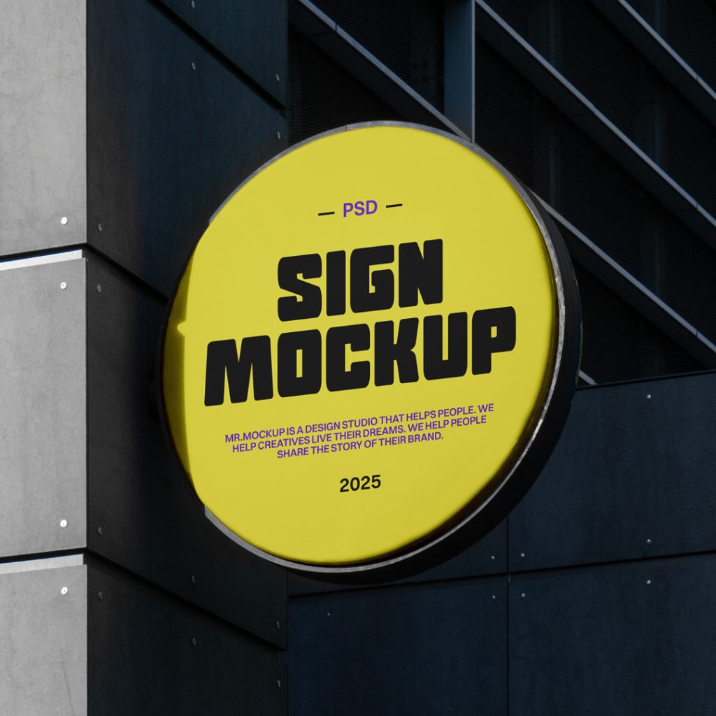 Front view, circle signage mockup in yellow color, with strong typography design attached to the building.
