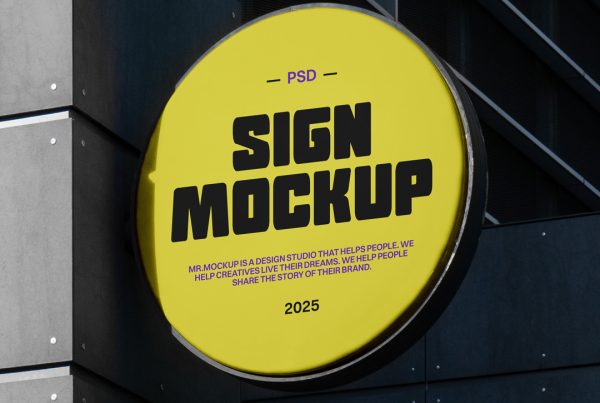 Front view, circle signage mockup in yellow color, with strong typography design attached to the building.