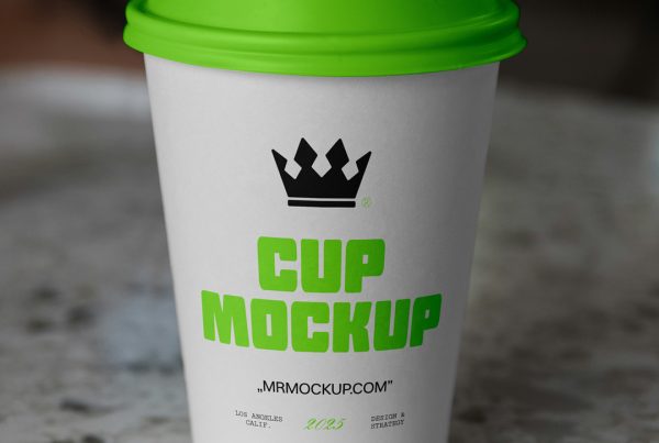 Front view, a white coffee cup mockup with a strong typography design standing on the marble table.