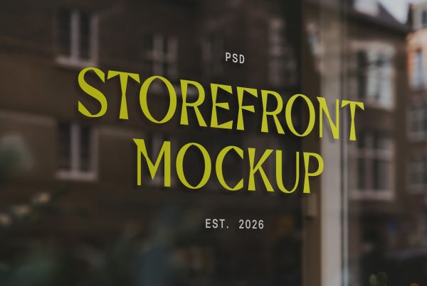 Front view, at an angle of 45 degrees, clean glass restaurant storefront mockup with yellow and white serif typography design.