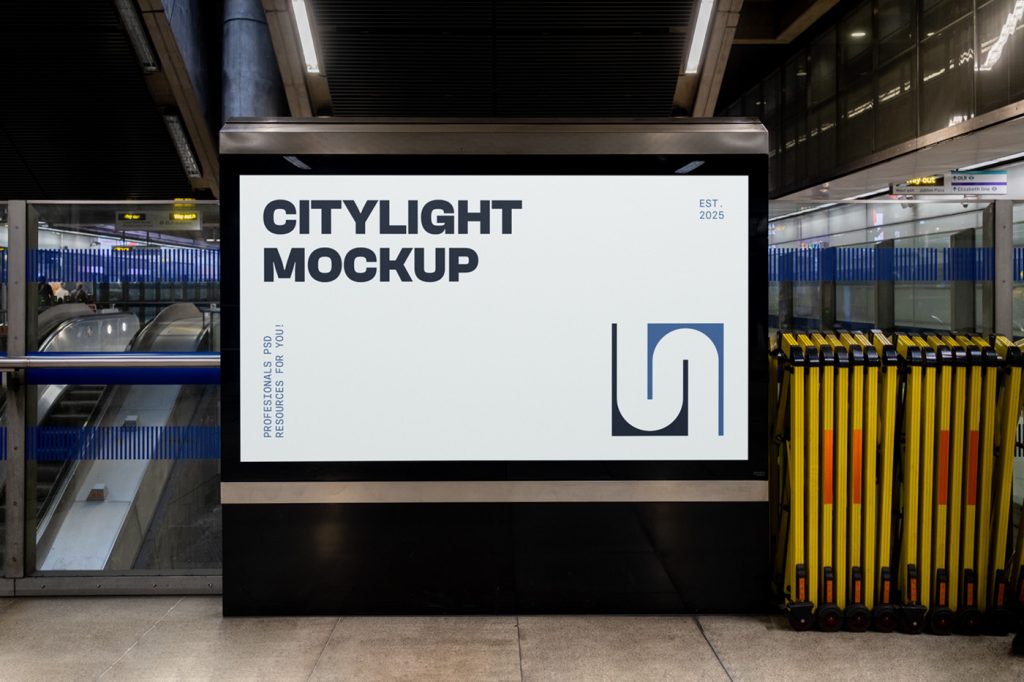 Front view, wide citylight mockup with a strong typography design standing at the airport.