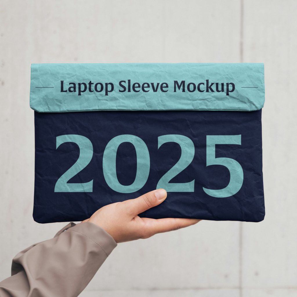 Front view, hand holding laptop sleeve mockup in two blue shades and classic typography design on the blurred wall background.