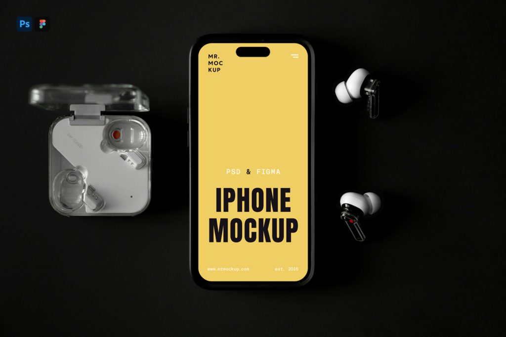 View from above, iPhone Pro mockup with mobile accessories lying on the black background.