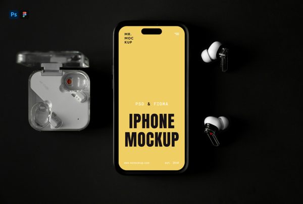 View from above, iPhone Pro mockup with mobile accessories lying on the black background.