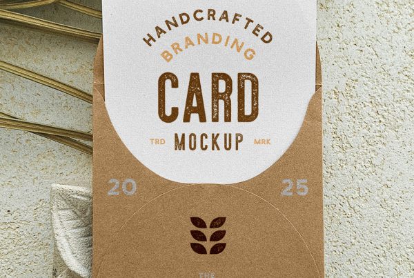 View from above, card inside the craft envelope mockup with a vintage typography design lying on the concrete floor.