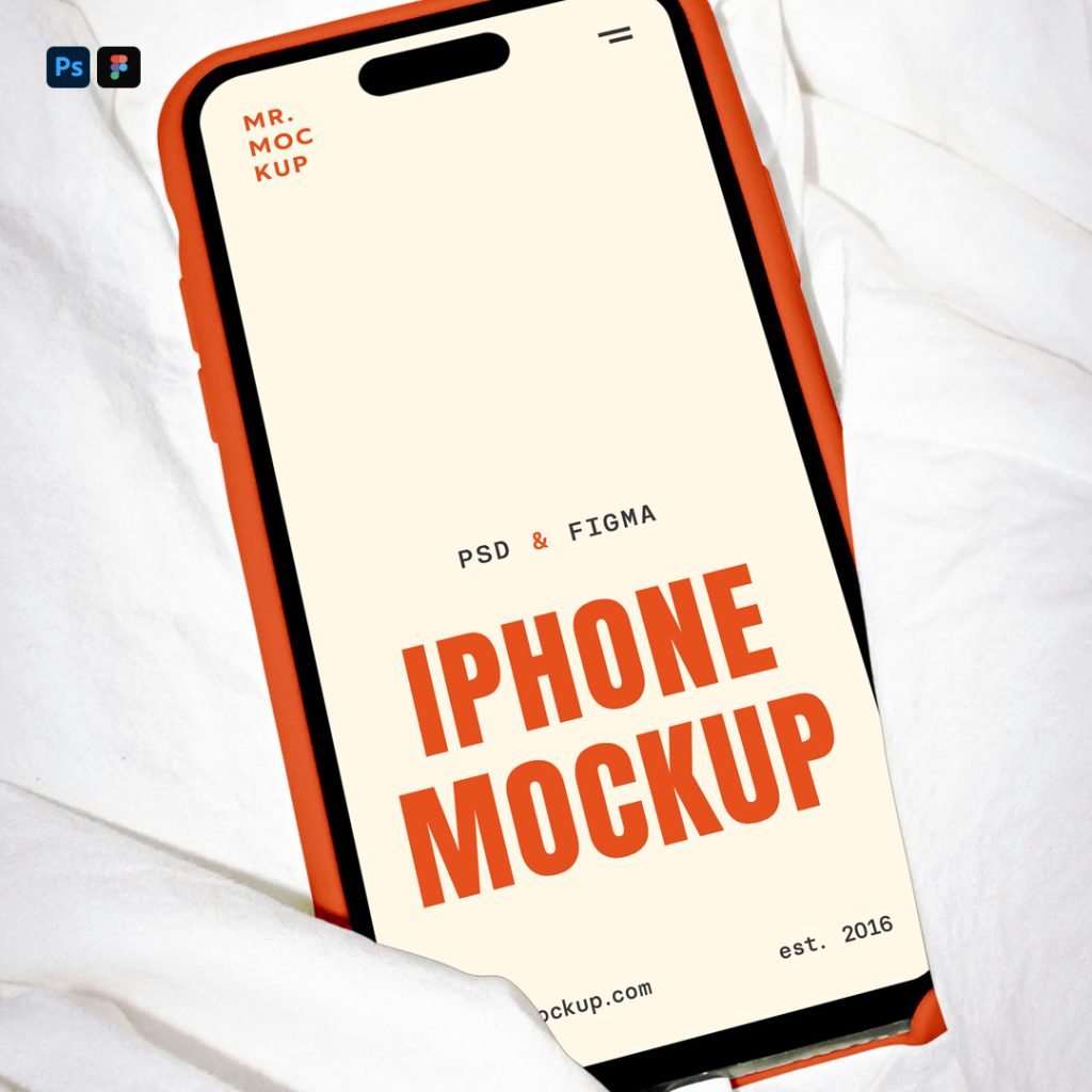 iPhone Pro Mockup with simple typography designs in cream, orange, and black colors lying on a bed with white sheets.