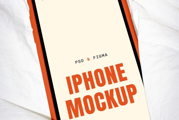 iPhone Pro Mockup with simple typography designs in cream, orange, and black colors lying on a bed with white sheets.