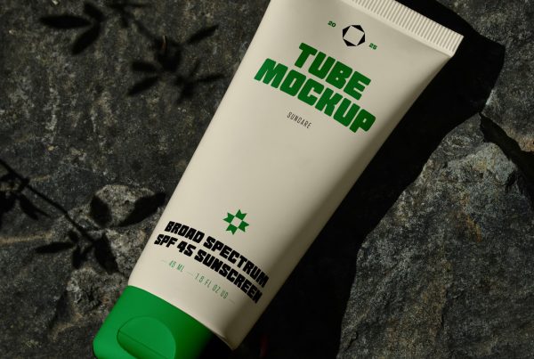 View from above, cosmetic tube mockup with typography design in black, green, and cream colors lying on the dark stone color.