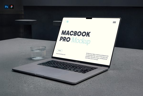 Front view, MacBook Pro mockup with a clean and simple typography design lying on a concrete countertop inside the house.