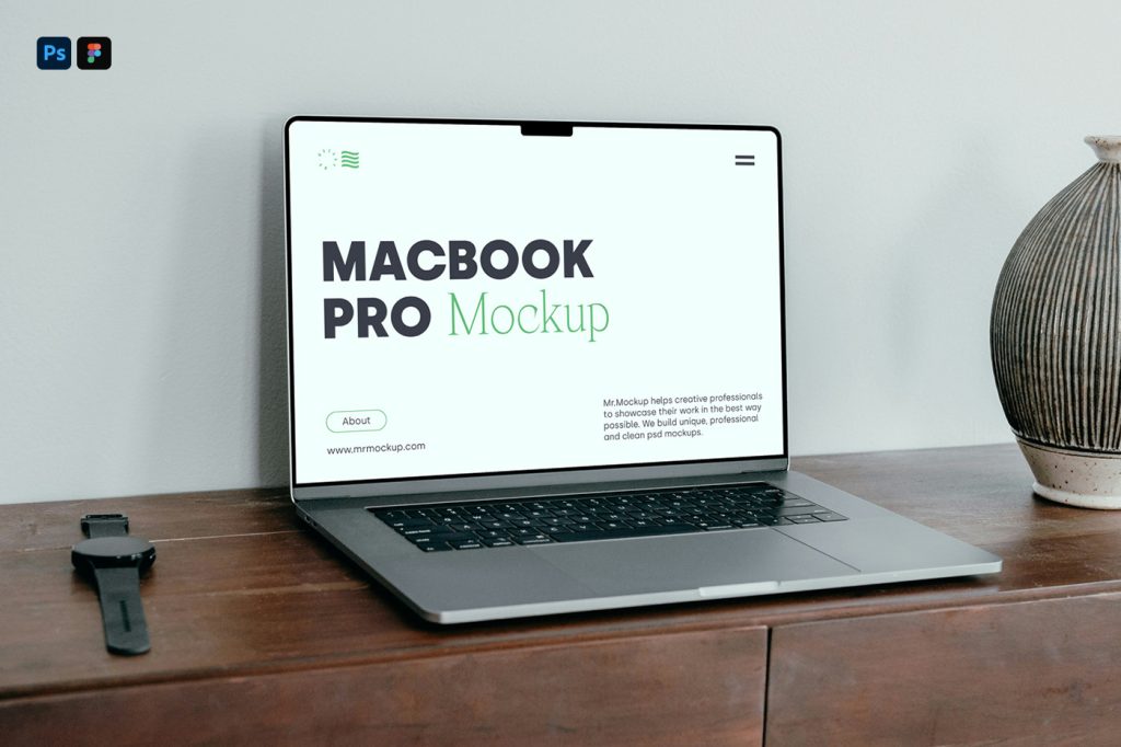 Front view, MacBook Pro mockup with a clean and simple typography design lying on an old wooden chest of drawers.