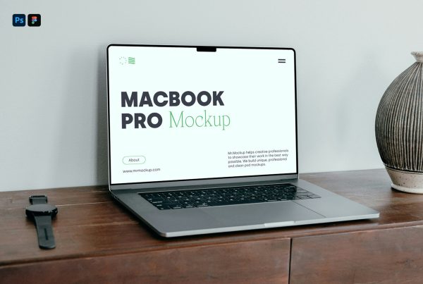 Front view, MacBook Pro mockup with a clean and simple typography design lying on an old wooden chest of drawers.