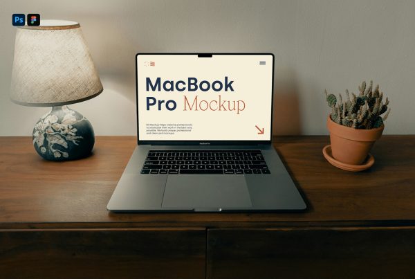 Front view, MacBook Pro mockup with a clean and simple typography design lying on an old wooden chest of drawers.