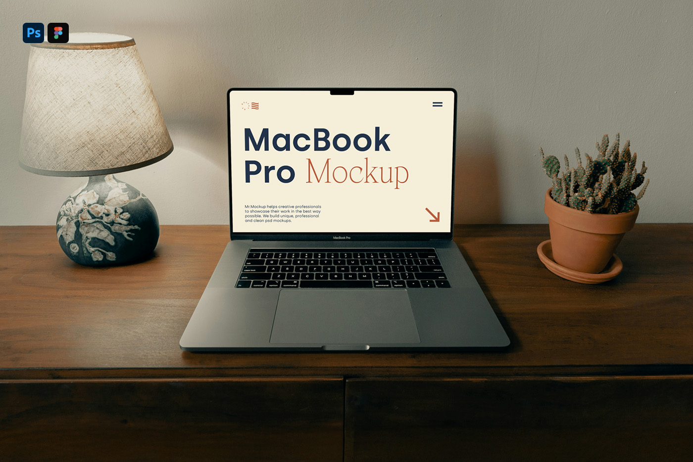 Free MacBook Pro On The Wooden Dresser Mockup — Mr.Mockup