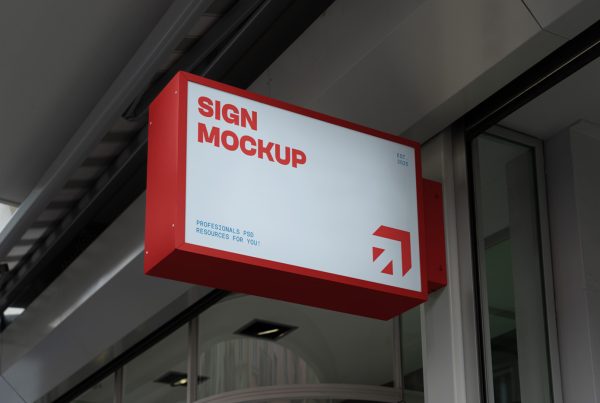 Front view, rectangle sign mockup with a red metal frame and strong typography design in red and blue color attached to the building.