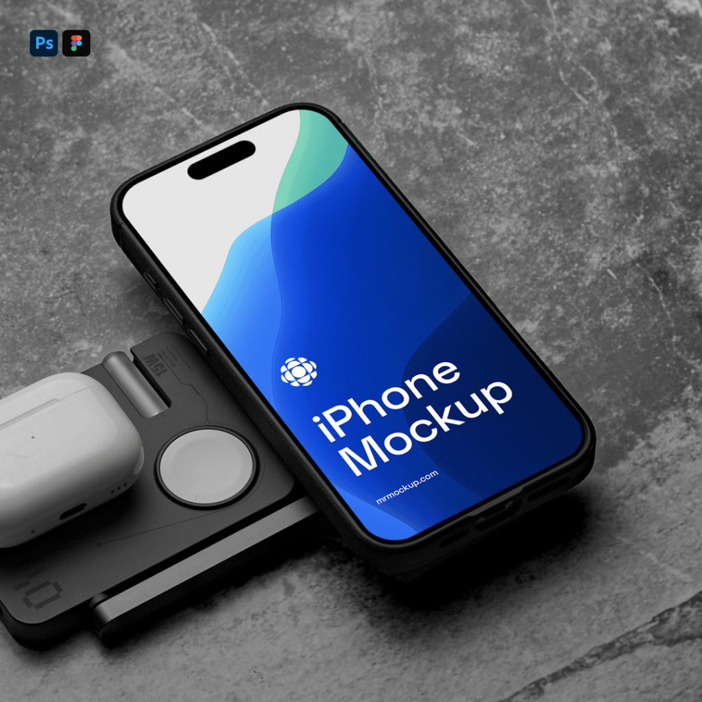 View from above, iPhone Pro mockup with mobile accessories lying on the concrete background.