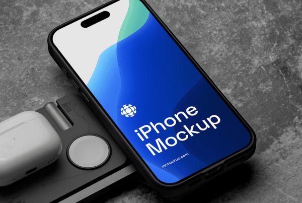 View from above, iPhone Pro mockup with mobile accessories lying on the concrete background.