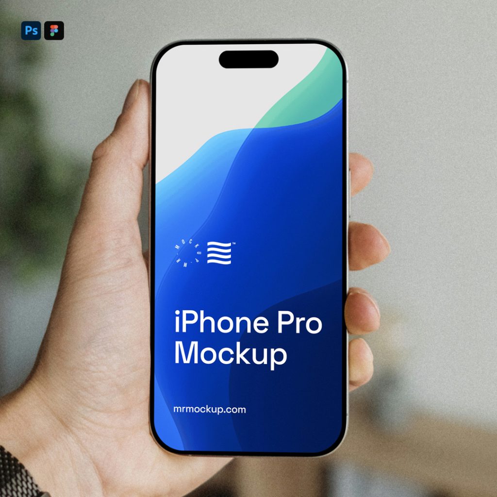 Front view, hand holding iPhone Pro Mockup with gradient graphic and white typography design against the background of the house interior.