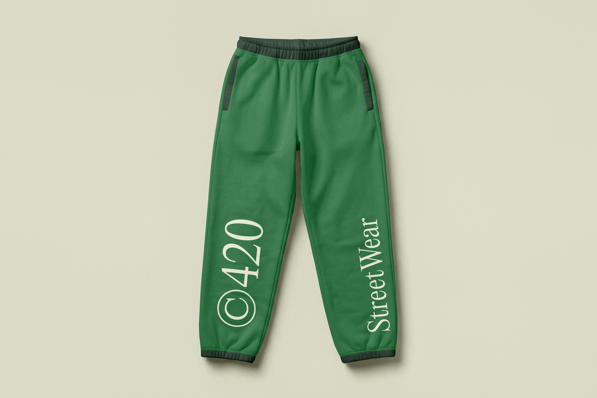 View from above, lying green sweatpants mockup with typography design on the bright studio background color from studio apparel mockups product.