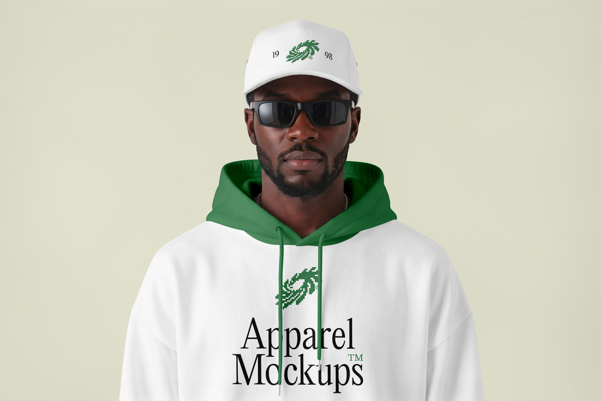 Front view, Black male model wearing a white cap & a white hoodie mockup with typography design standing against the bright studio background from the studio apparel mockups product.