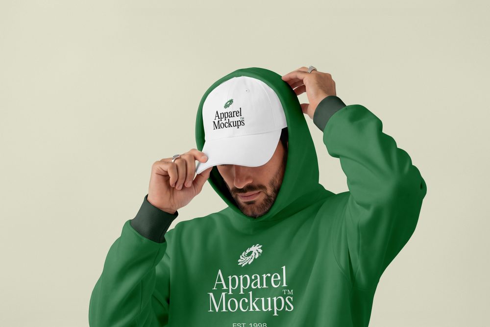 Front view, male model wearing a white cap & a green hoodie mockup with a typography design standing against the bright studio background from studio apparel mockups product.