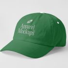 Front view, lying green baseball cap mockup with white typography design on the grey studio background from the studio apparel mockups product.