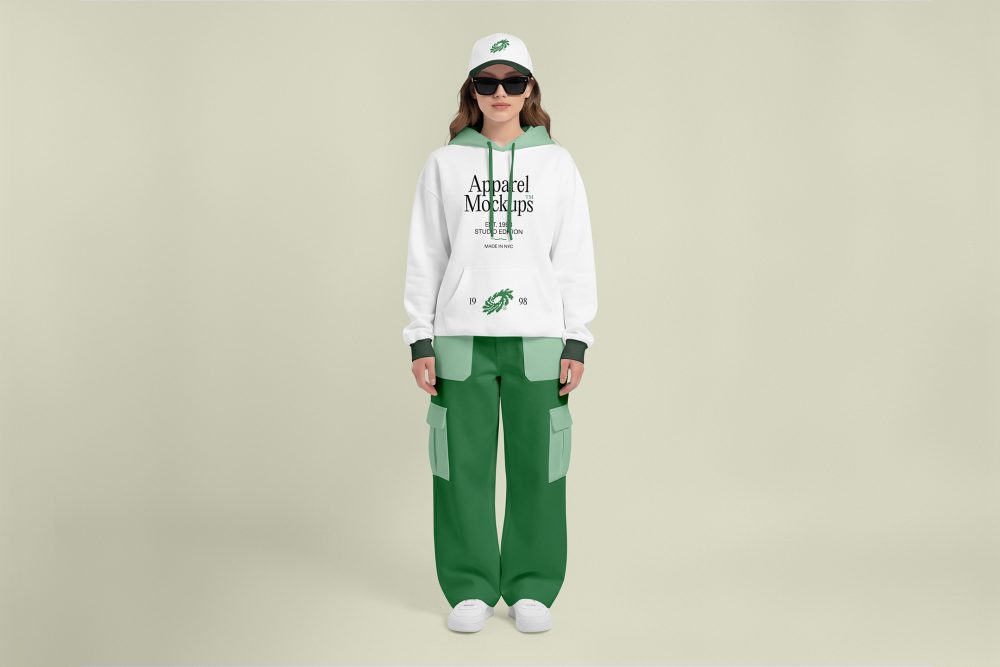 Front view of a female model wearing green baggy pants, a white hoodie, & a white cap mockup with a typography design standing against a bright studio background from the studio apparel mockups product.