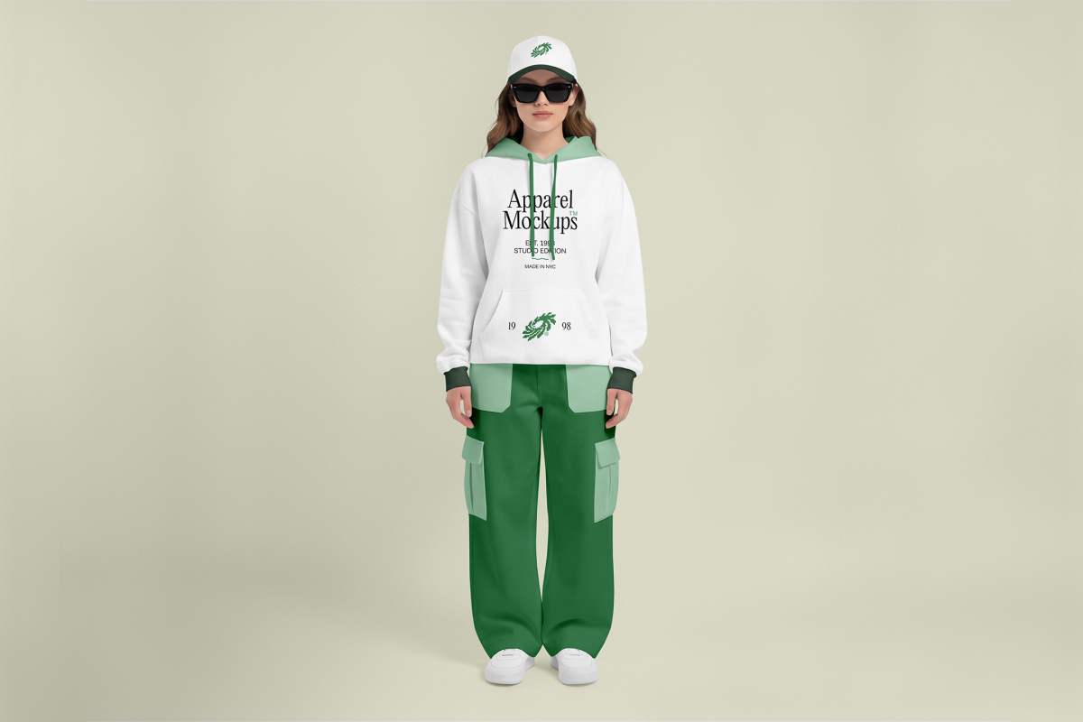 Front view of a female model wearing green baggy pants, a white hoodie, & a white cap mockup with a typography design standing against a bright studio background from the studio apparel mockups product.