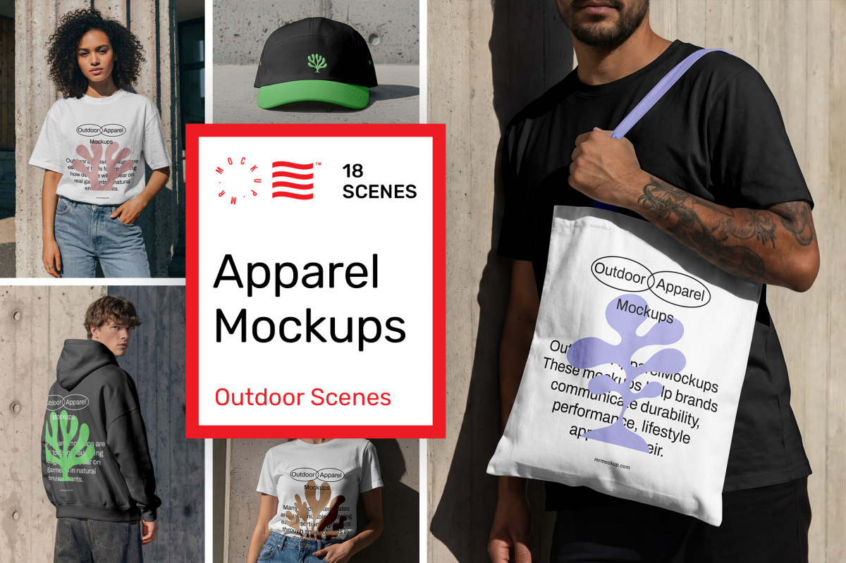 Product cover image from outdoor apparel mockups vol.3 showing five scenes from the product.