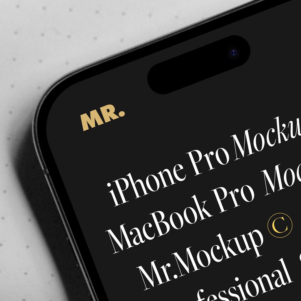 View from above iPhone Pro mockup with black screen and typography design lying on the white paper card.