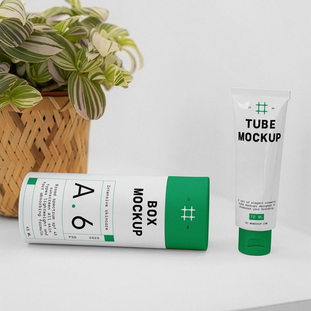 Front view of two white and green cosmetic set mockups with black and green typography design lying on the white table.