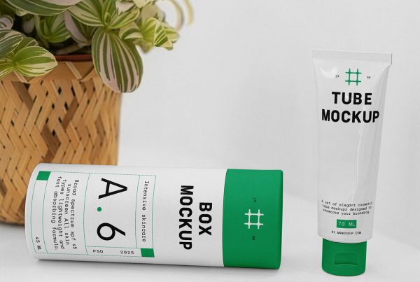 Front view of two white and green cosmetic set mockups with black and green typography design lying on the white table.